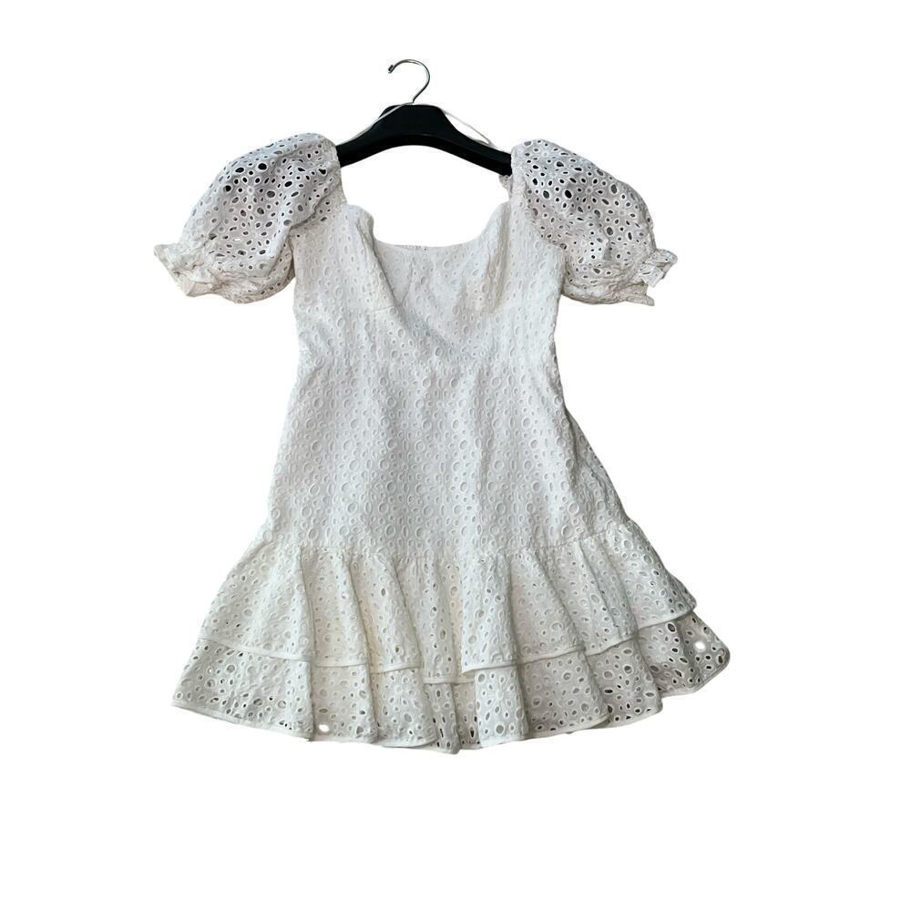 ASTR The Label Roseville Pointelle Mini Dress Eyelet Puff Sleeves White Womens M - Picture 4 of 7